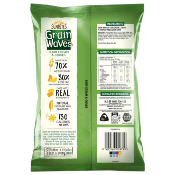 Sunbites Grain Waves snack pack featuring sour cream and chives flavour with nutritional information.