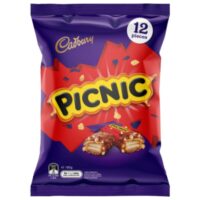 Cadbury Picnic chocolate sharepack containing 12 pieces of chocolate bars in a purple wrapper.