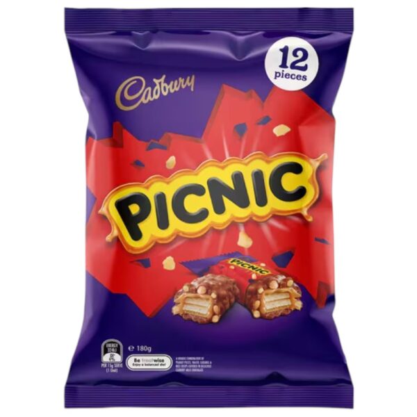 Cadbury Picnic chocolate sharepack containing 12 pieces of chocolate bars in a purple wrapper.
