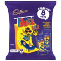 Cadbury Buzz Bar chocolate share pack featuring a cartoon character on the packaging.