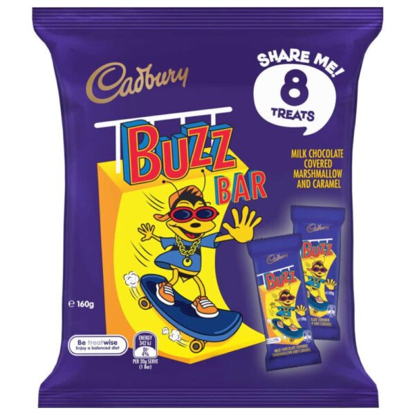 Cadbury Buzz Bar chocolate share pack featuring a cartoon character on the packaging.