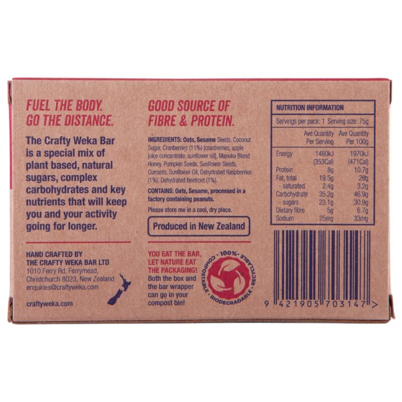 Back packaging of Crafty Weka Berry Beetroot Bar, displaying nutritional information and ingredients.