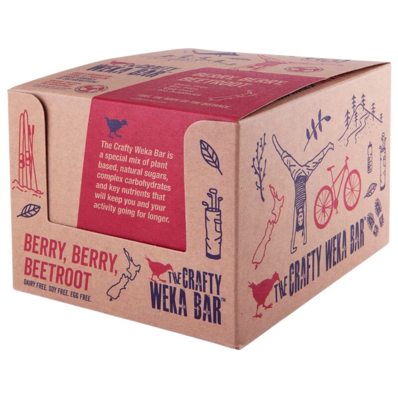 Carton for Crafty Weka Berry Berry Beetroot Bar, featuring illustrations and product information.