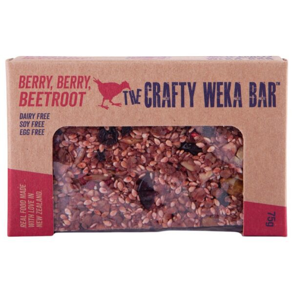 Crafty Weka Berry Berry Beetroot Bar packaging featuring a mix of seeds and dried fruits.