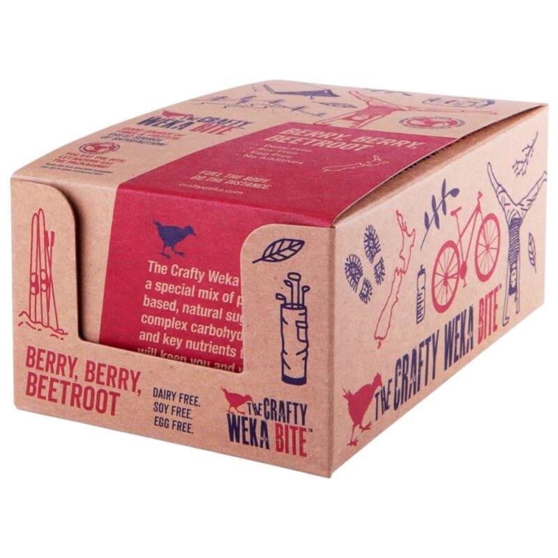 Brown carton packaging for Crafty Weka Berry Berry Beetroot Bite snack, featuring illustrations and text.