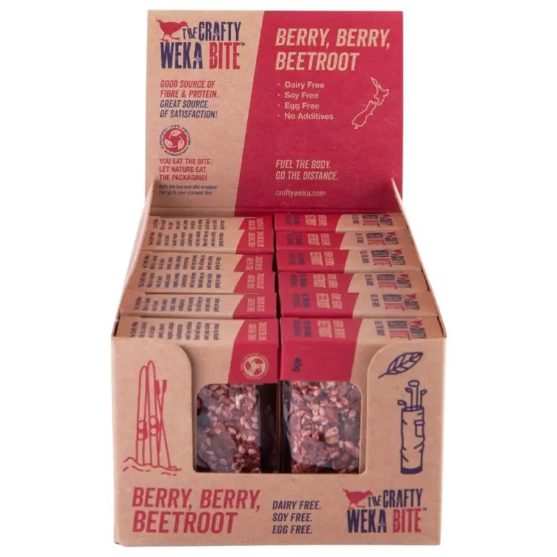 Open carton of Crafty Weka Berry Berry Beetroot Bite bars displaying the packaging and contents.