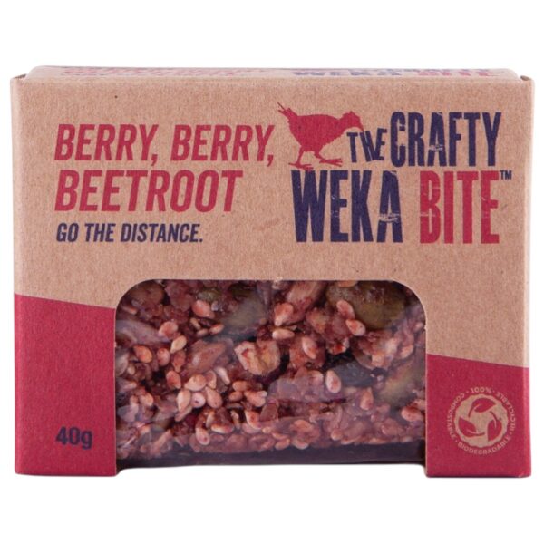 Packaging of Crafty Weka Berry Berry Beetroot Bite snack in a cardboard box.