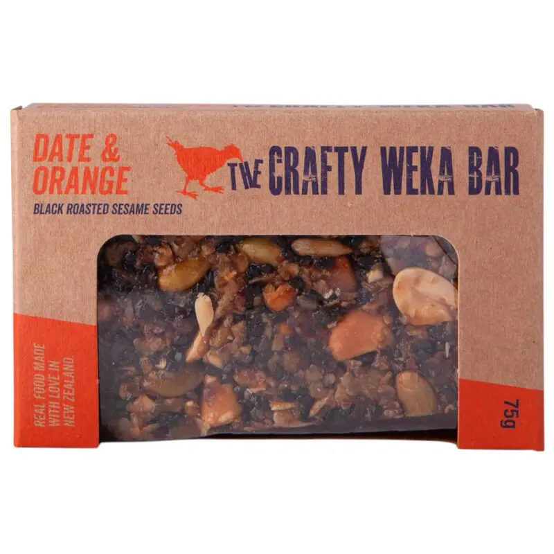 Crafty Weka Date and Orange Bar packaging featuring black roasted sesame seeds and nuts.