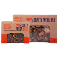 Two boxes of Crafty Weka Date and Orange snack bars with visible ingredients and branding.