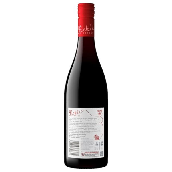 Back view of a Fickle Mistress Pinot Noir wine bottle with a red cap and label.
