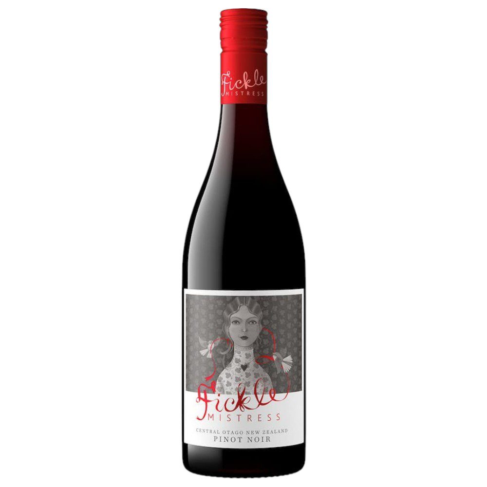 Fickle Mistress Pinot Noir wine bottle featuring a distinctive label design with a woman illustration.