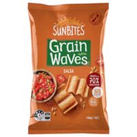 Sunbites Grain Waves Salsa snack pack featuring wholegrain crisps and salsa dip on the packaging.
