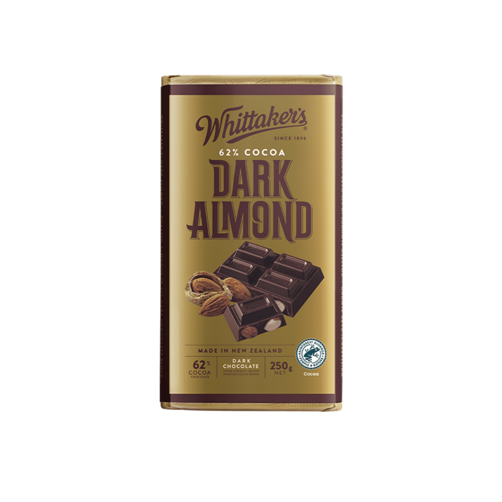 Whittakers Chocolate Block Dark Almond 62 Cocoa 250g Kiwi Kitchen