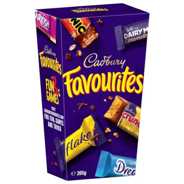 Box of Cadbury Favourites chocolates featuring various chocolate bars including Flake and Crunchie.