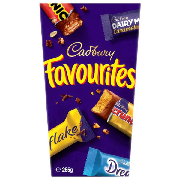 Cadbury Favourites box containing various chocolate bars including Flake, Crunchie, and Dairy Milk.