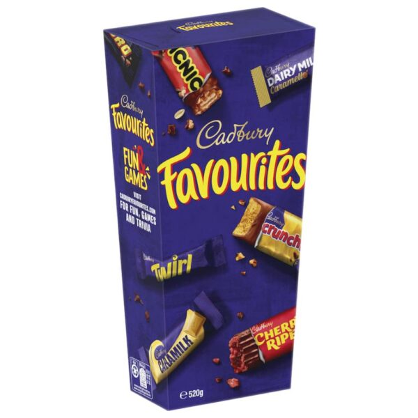 Cadbury Favourites chocolate box containing various chocolate bars, weighing 520 grams.