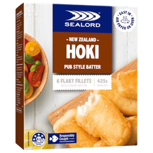 Pack of Sealord hoki fish fillets in pub style batter, weighing 425g, displayed on a wooden surface.