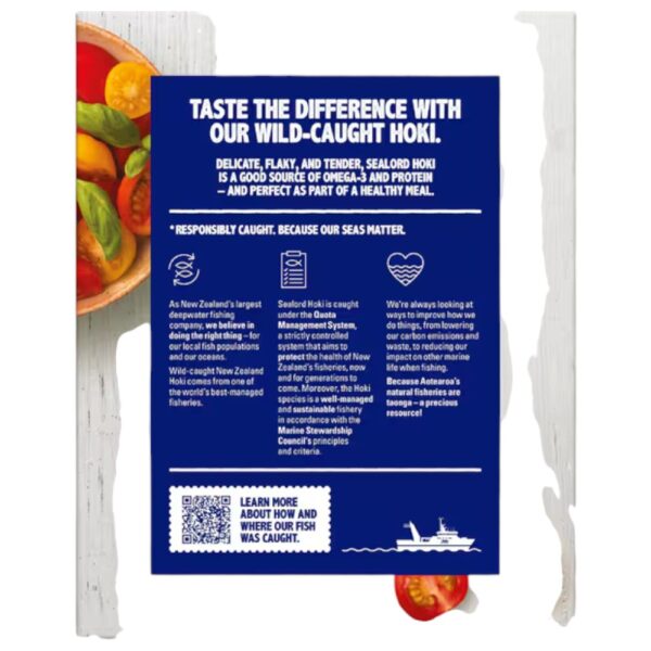 Back of Sealord Hoki fish fillets packaging featuring nutritional information and cooking instructions.