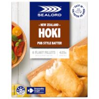 Pack of Sealord Hoki fish fillets in pub style batter weighing 425g, featuring six flaky fillets.