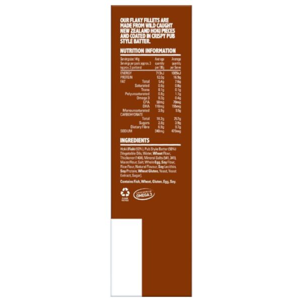 Packaged fish fillets made from hoki fish coated in pub style batter, weighing 425 grams.