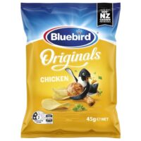 Bluebird Originals Chicken potato chips in a yellow bag with a penguin logo and potato images.