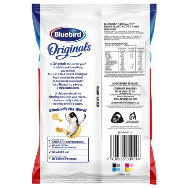 Back packaging of Bluebird Original Ready Salted Potato Chips 45g with nutritional information.