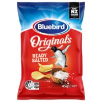 Bluebird Originals Ready Salted potato chips packet featuring a penguin and salt graphics.