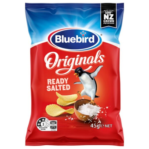 Bluebird Originals Ready Salted potato chips packet featuring a penguin and salt graphics.