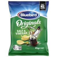 Bluebird Original Salt and Vinegar potato chips packet with penguin illustration and vinegar bottle.