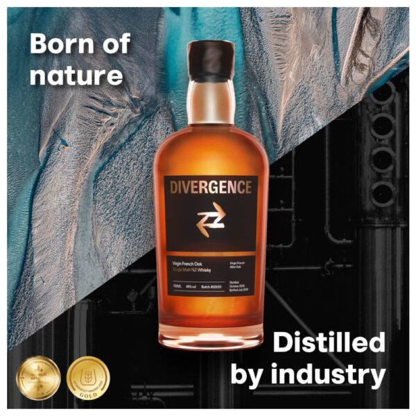 Bottle of Divergence Virgin French Oak Whisky with a dark label and a cork stopper.