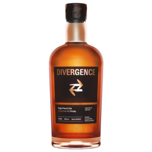 Bottle of Divergence Single Malt New Zealand Whisky distilled in virgin French oak, 700ml.