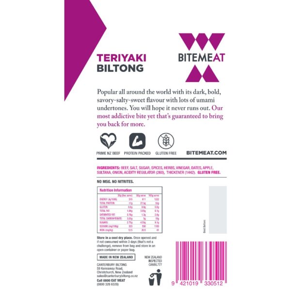 Back packaging of Teriyaki Biltong by BiteMeat, featuring nutritional information and ingredients.