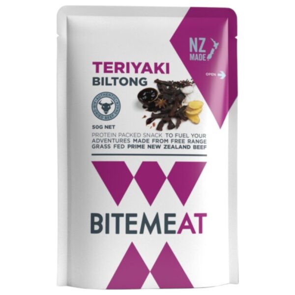 Teriyaki biltong snack pack with a clear front and branding from BiteMeat.