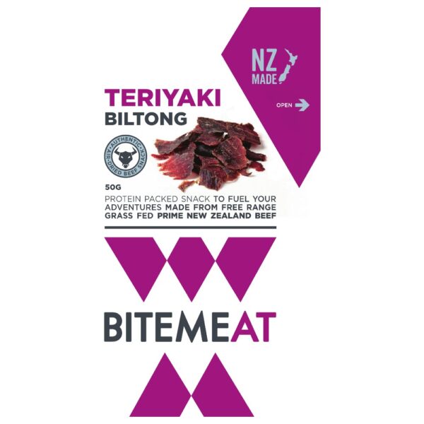 Teriyaki biltong snack pack featuring dried meat made from New Zealand beef.