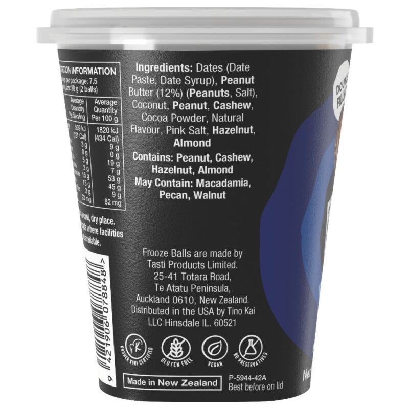 Ingredients list for Frooze Balls Caramel Choc Peanut Butter in a plastic pottle.