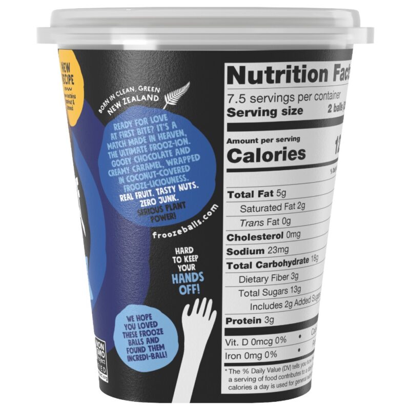 Pottle of Frooze Balls featuring caramel, chocolate, and peanut butter flavour with product information on the side.