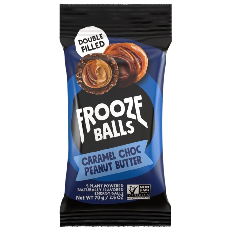 Packaging of Frooze Balls featuring caramel and chocolate peanut butter flavour, 70 grams.