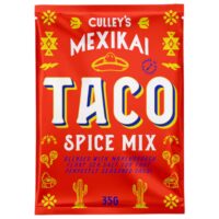 Culley's Mexikai Taco Spice Mix packaging featuring vibrant red design and taco-themed illustrations.