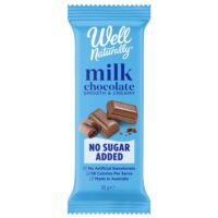 Well Naturally milk chocolate bar packaging featuring smooth and creamy chocolate with no sugar added.