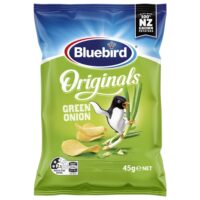 Bluebird Original Green Onion potato chips packet featuring a bird and green onions.