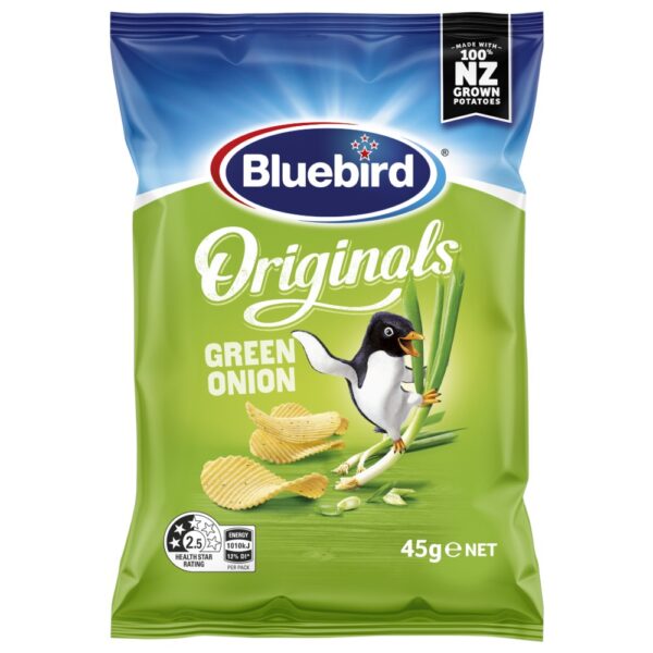 Bluebird Original Green Onion potato chips packet featuring a bird and green onions.