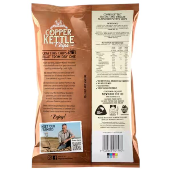 Back packaging of Copper Kettle salt and vinegar potato chips in a 150g bag.