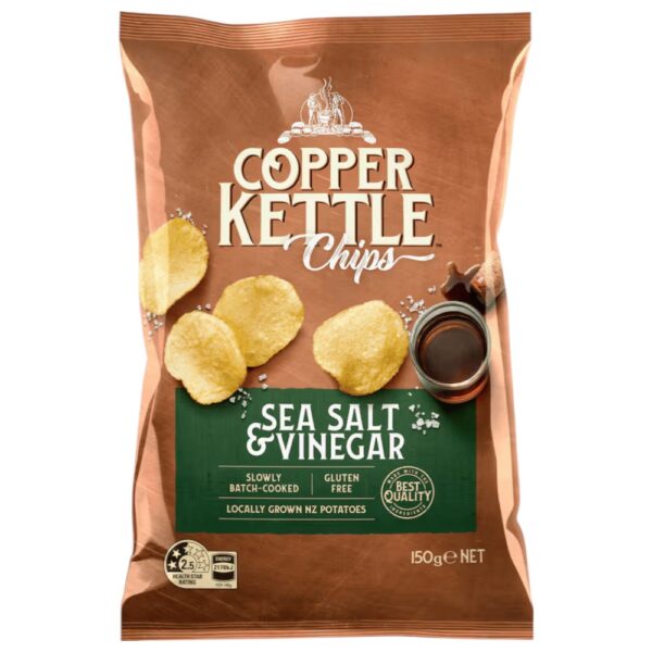 Packet of Copper Kettle sea salt and vinegar potato chips weighing 150 grams.