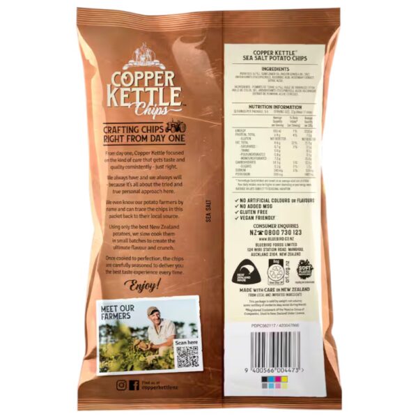 Back packaging of Copper Kettle sea salt potato chips, featuring nutritional information and ingredients list.