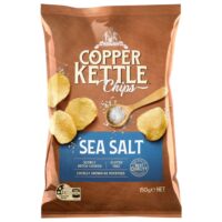 Pack of Copper Kettle sea salt potato chips weighing 150 grams.