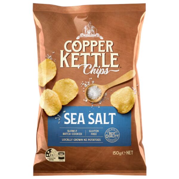 Pack of Copper Kettle sea salt potato chips weighing 150 grams.
