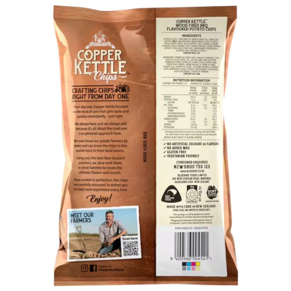 Back packaging of Copper Kettle wood fired BBQ flavoured potato chips in a 150g bag.
