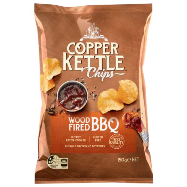 Packet of Copper Kettle Wood Fired BBQ potato chips weighing 150 grams with a bowl of sauce.