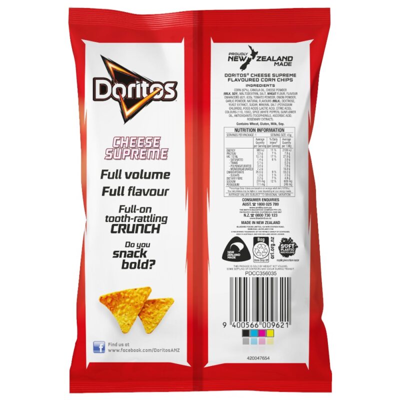 Back packaging of Doritos Cheese Supreme corn chips, featuring nutritional information and branding.