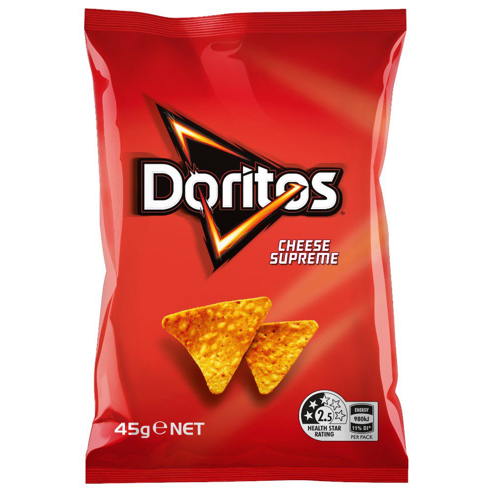 Packet of Doritos Cheese Supreme corn chips weighing 45 grams with triangular chips displayed on the front.